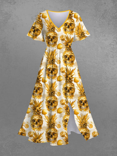 Gothic Plus Size Skulls Pineapple Lemon Print Split Midi Dress