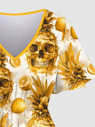Gothic Plus Size Skulls Pineapple Lemon Print Split Midi Dress