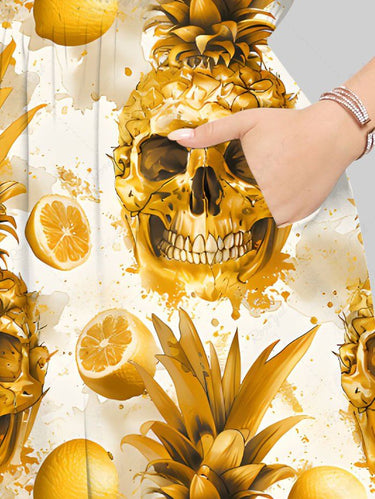 Gothic Plus Size Skulls Pineapple Lemon Print Split Midi Dress