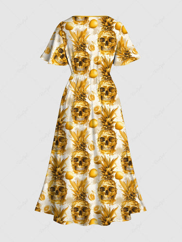 Gothic Plus Size Skulls Pineapple Lemon Print Split Midi Dress