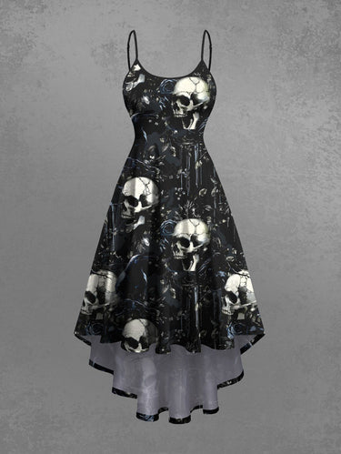 Gothic Plus Size Skulls Rose Flowers Print High Low Cami Dress