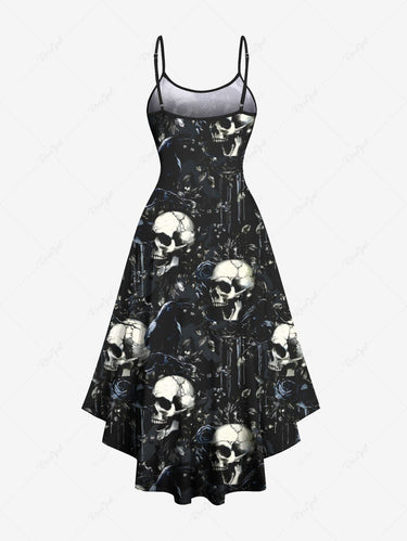 Gothic Plus Size Skulls Rose Flowers Print High Low Cami Dress