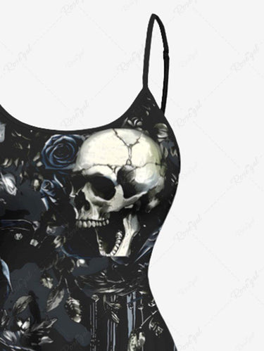 Gothic Plus Size Skulls Rose Flowers Print High Low Cami Dress