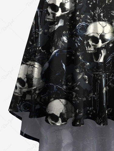 Gothic Plus Size Skulls Rose Flowers Print High Low Cami Dress