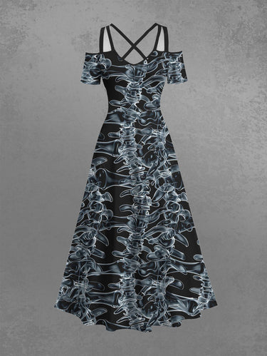 Gothic Plus Size Skeletons Print Cold Shoulder Crisscross Halloween Maxi Dress