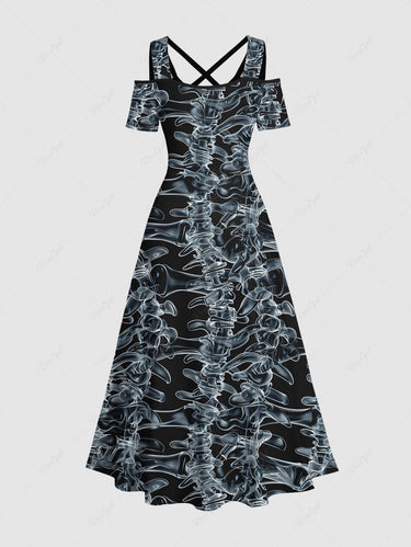 Gothic Plus Size Skeletons Print Cold Shoulder Crisscross Halloween Maxi Dress
