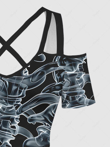 Gothic Plus Size Skeletons Print Cold Shoulder Crisscross Halloween Maxi Dress