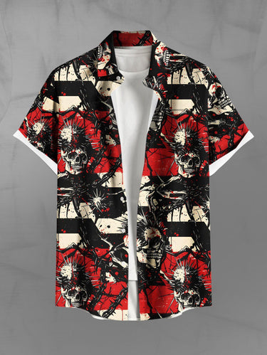 Gothic Plus Size Skulls Chains Sea Urchin Print Buttons Pocket Halloween Shirt For Men