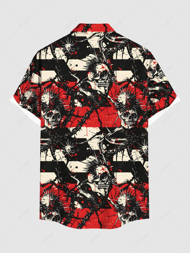 Gothic Plus Size Skulls Chains Sea Urchin Print Buttons Pocket Halloween Shirt For Men
