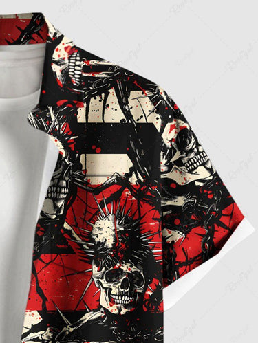 Gothic Plus Size Skulls Chains Sea Urchin Print Buttons Pocket Halloween Shirt For Men