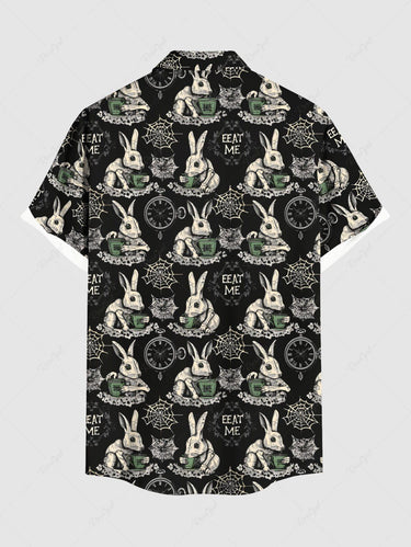 Gothic Plus Size Spider Web Rabbit Clock Print Buttons Pocket Halloween Shirt For Men