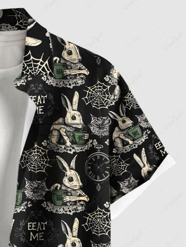 Gothic Plus Size Spider Web Rabbit Clock Print Buttons Pocket Halloween Shirt For Men