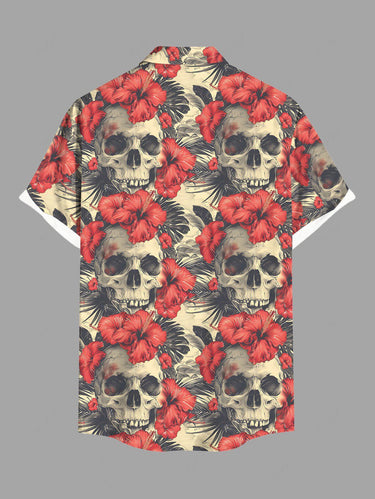 Gothic Plus Size Skulls Hibiscus Flowers Tropical Leaf Print Buttons Pocket Hawaii Shirt For Men