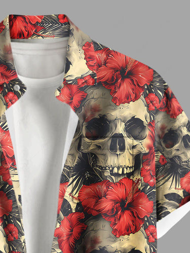 Gothic Plus Size Skulls Hibiscus Flowers Tropical Leaf Print Buttons Pocket Hawaii Shirt For Men