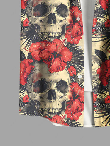 Gothic Plus Size Skulls Hibiscus Flowers Tropical Leaf Print Buttons Pocket Hawaii Shirt For Men