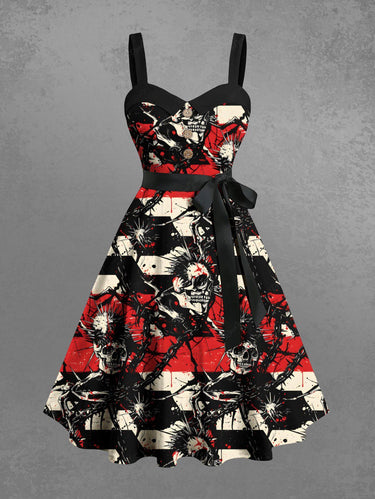 Gothic Plus Size Skulls Chains Sea Urchin Print Buttons Turn Down Collar Halloween Dress With Belt