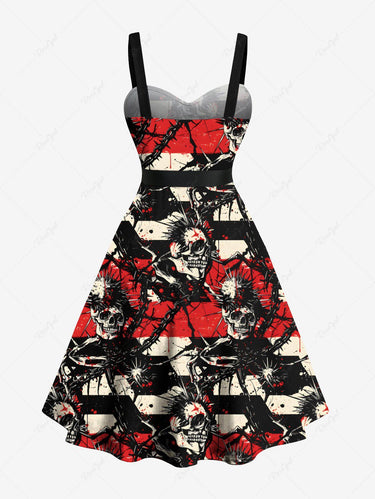 Gothic Plus Size Skulls Chains Sea Urchin Print Buttons Turn Down Collar Halloween Dress With Belt