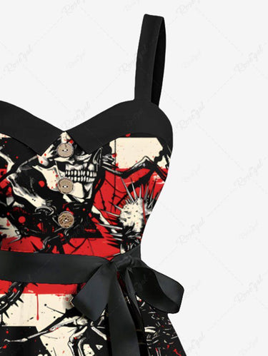 Gothic Plus Size Skulls Chains Sea Urchin Print Buttons Turn Down Collar Halloween Dress With Belt