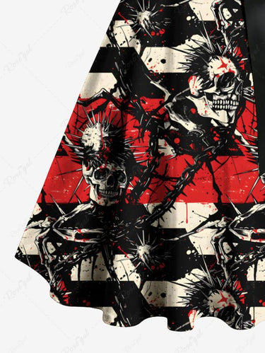 Gothic Plus Size Skulls Chains Sea Urchin Print Buttons Turn Down Collar Halloween Dress With Belt