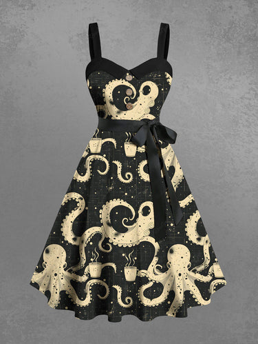 Gothic Plus Size Octopus Cups Print Buttons Turn Down Collar Hawaii Dress With Belt