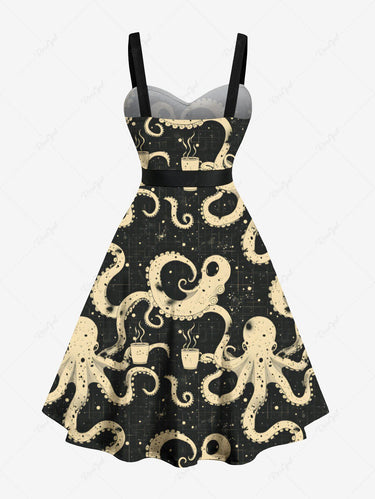 Gothic Plus Size Octopus Cups Print Buttons Turn Down Collar Hawaii Dress With Belt