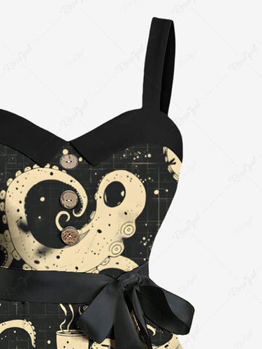 Gothic Plus Size Octopus Cups Print Buttons Turn Down Collar Hawaii Dress With Belt