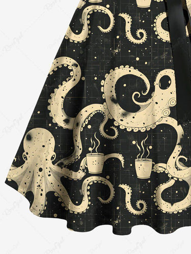 Gothic Plus Size Octopus Cups Print Buttons Turn Down Collar Hawaii Dress With Belt