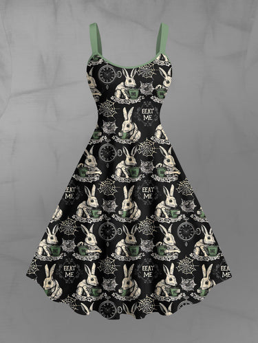 Gothic Plus Size Spider Web Rabbit Clock Print Halloween Tank Dress