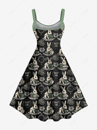 Gothic Plus Size Spider Web Rabbit Clock Print Halloween Tank Dress