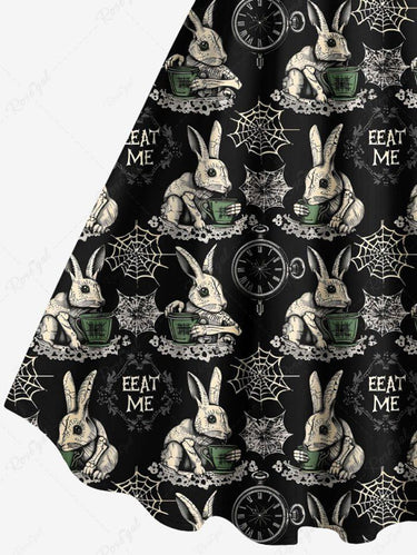 Gothic Plus Size Spider Web Rabbit Clock Print Halloween Tank Dress