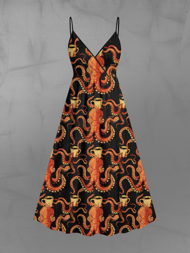 Gothic Plus Size Octopus Cups Print Surplice Cami Dress
