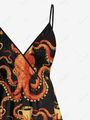 Gothic Plus Size Octopus Cups Print Surplice Cami Dress