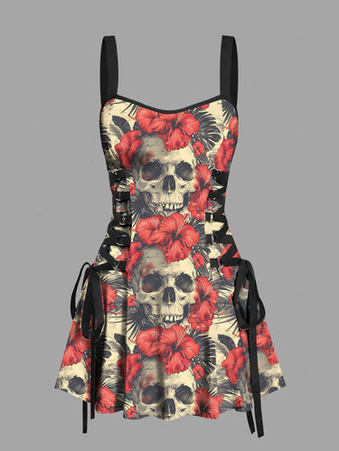 Gothic Skulls Hibiscus Flowers Tropical Leaf Print Lace Up Hawaii Tank Dress