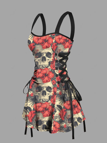 Gothic Skulls Hibiscus Flowers Tropical Leaf Print Lace Up Hawaii Tank Dress