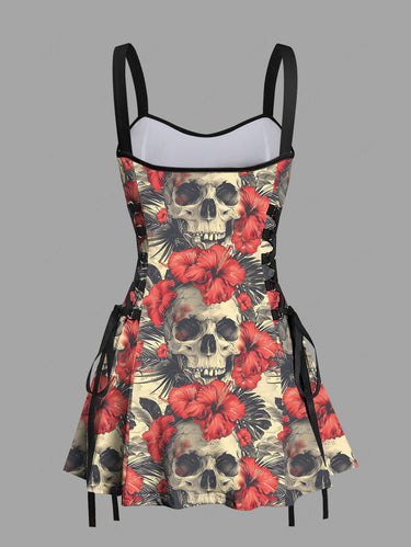 Gothic Skulls Hibiscus Flowers Tropical Leaf Print Lace Up Hawaii Tank Dress