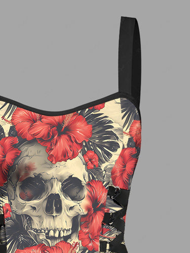 Gothic Skulls Hibiscus Flowers Tropical Leaf Print Lace Up Hawaii Tank Dress
