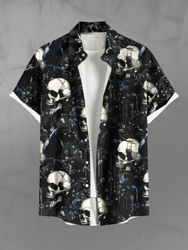 Gothic Plus Size Skulls Rose Flowers Print Buttons Pocket Shirt For Men