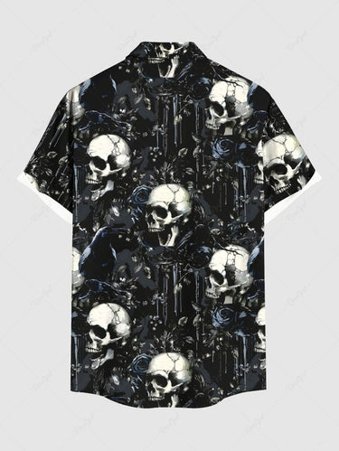 Gothic Plus Size Skulls Rose Flowers Print Buttons Pocket Shirt For Men