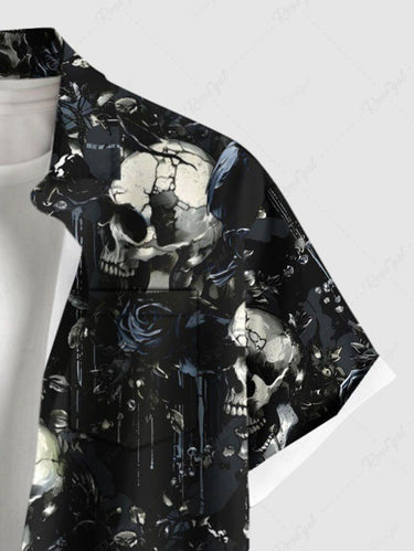 Gothic Plus Size Skulls Rose Flowers Print Buttons Pocket Shirt For Men