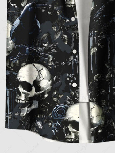 Gothic Plus Size Skulls Rose Flowers Print Buttons Pocket Shirt For Men