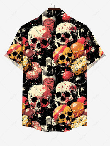 Gothic Plus Size Skulls Bottles Cakes Print Buttons Pocket Halloween Shirt For Men
