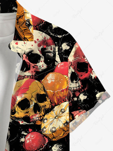 Gothic Plus Size Skulls Bottles Cakes Print Buttons Pocket Halloween Shirt For Men