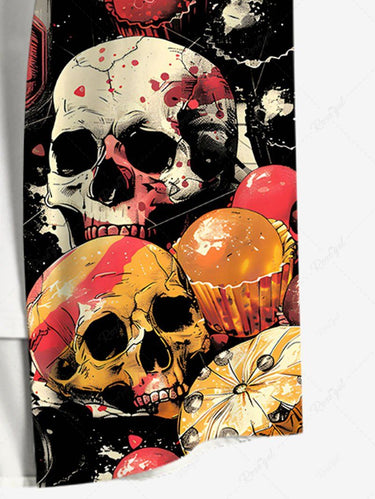 Gothic Plus Size Skulls Bottles Cakes Print Buttons Pocket Halloween Shirt For Men