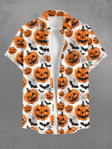 Gothic Plus Size Pumpkin Lantern Bat Spider Web Print Buttons Pocket Halloween Shirt For Men