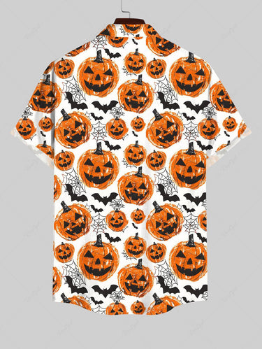 Gothic Plus Size Pumpkin Lantern Bat Spider Web Print Buttons Pocket Halloween Shirt For Men