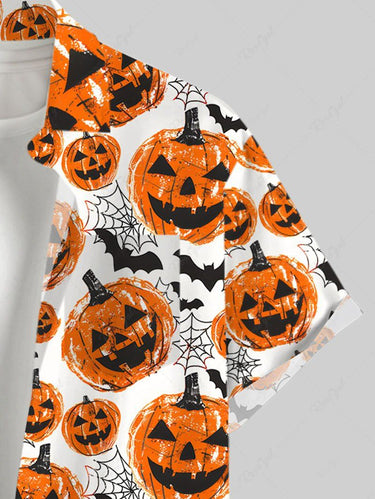 Gothic Plus Size Pumpkin Lantern Bat Spider Web Print Buttons Pocket Halloween Shirt For Men