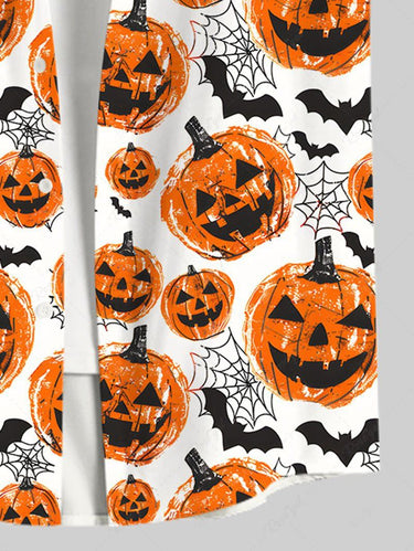Gothic Plus Size Pumpkin Lantern Bat Spider Web Print Buttons Pocket Halloween Shirt For Men
