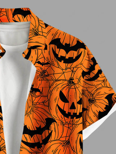 Gothic Plus Size Pumpkin Lantern Print Buttons Pocket Halloween Shirt For Men