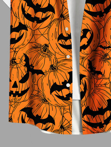 Gothic Plus Size Pumpkin Lantern Print Buttons Pocket Halloween Shirt For Men