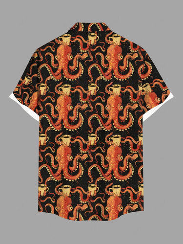 Gothic Plus Size Octopus Cups Print Buttons Pocket Halloween Shirt For Men